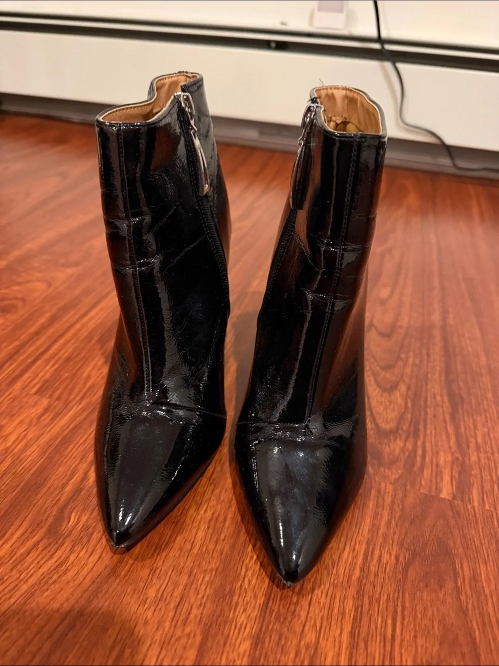 Patent Black Pointed Toe Ankle Booties with Side Zip